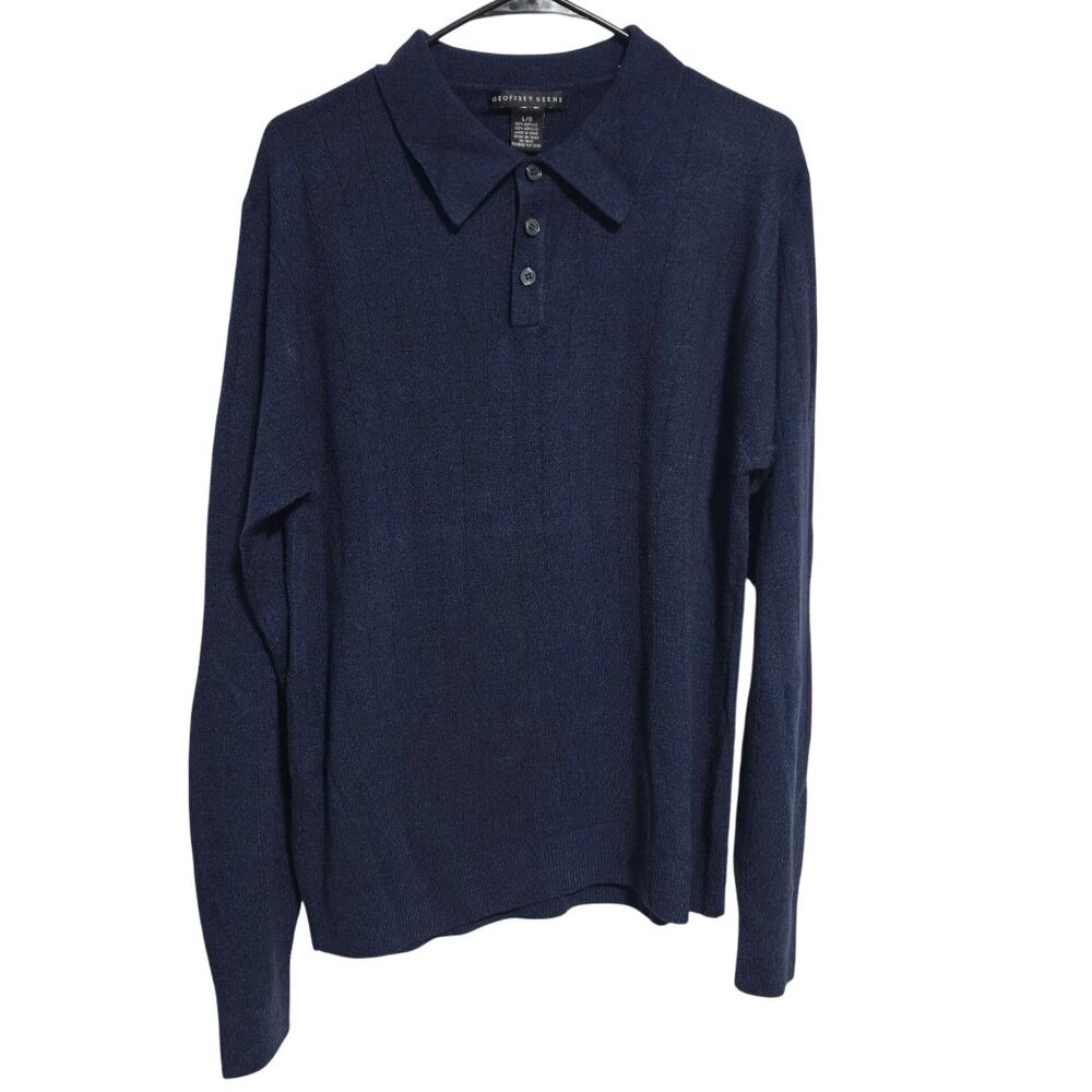 Geoffrey Beene Polo Sweater Mens Size Large Navy Blue Long Sleeve Soft Knit